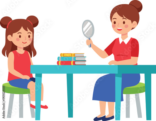 Mother Teaching Child at Table with Books and Magnifying Glass for Learning, Homework, and Education Flat Vector Illustration