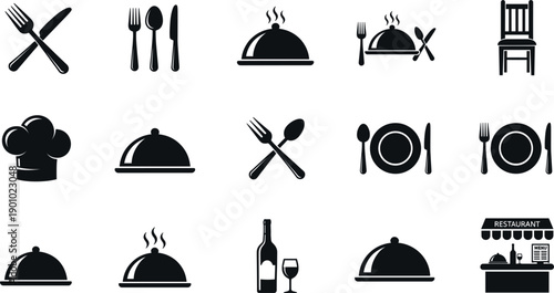 Set of black restaurant and dining icons including cutlery and serving cloche