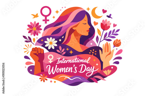 International Women’s Day Illustration with Feminine Strength and Floral Elements