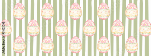 Watercolor Easter eggs seamless pattern with pastel decorated eggs on soft green striped background, perfect for Easter wrapping paper, spring textiles and festive designs