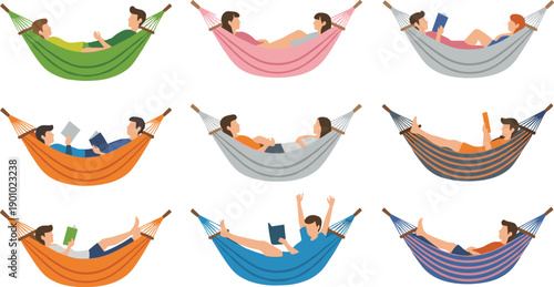 People Relaxing in Hammocks Set with Men and Women Lying, Sleeping, Reading, and Resting Outdoor Cartoon Flat Vector Illustration