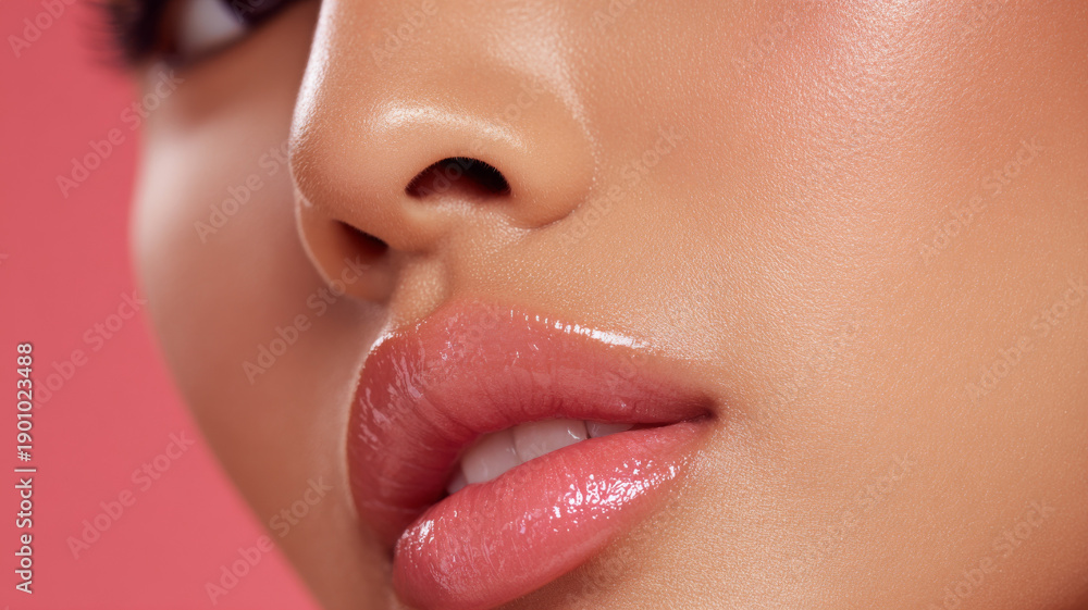 Fototapeta premium Glossy pink lips and smooth skin of woman with soft natural makeup and warm pink background creating fresh look