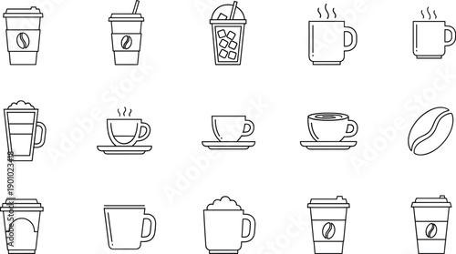 Various coffee and tea cups, mugs, and beans in line art vector for cafes and beverages