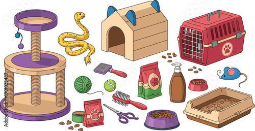 Pet Care Supplies Vector Set with Cat Accessories, Toys, Food, Carrier, Scratching Post, and Grooming Items in Flat Illustration Style