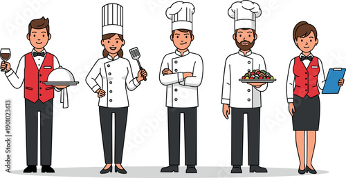 Set of professional restaurant staff characters including chefs and waiters