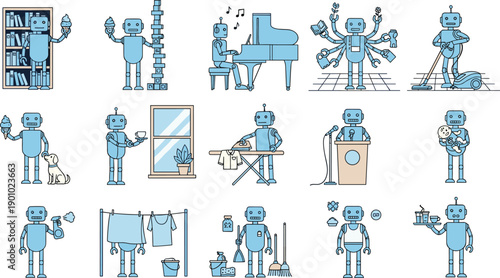 Robot Performing Human Activities Set with Music, Cleaning, Working, Learning, and Daily Life Tasks Flat Cartoon Vector Illustration