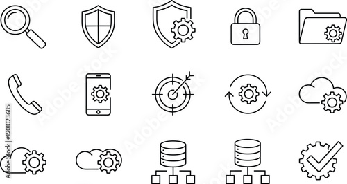Collection of vector line icons for data security, network, and cloud computing with settings and management