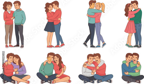 Romantic Couple Illustration Set with Loving Poses, Hugging, Sitting Together, and Happy Relationships for Valentine, Dating, and Lifestyle Design Projects