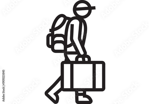 Traveler icon walking with suitcase and backpack, minimal black outline pictogram of tourist on journey, simple line art symbol for travel, vacation, and commuting