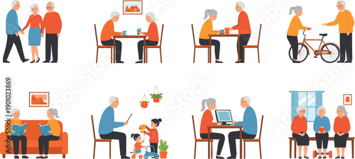 Senior People Daily Life Activities Set with Elderly Men and Women Walking, Talking, Visiting Doctor, and Spending Time Together Flat Vector Illustration