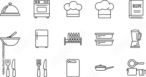 Kitchen equipment thin line icons set featuring stove refrigerator chef hat recipe book and cooking utensils on grid