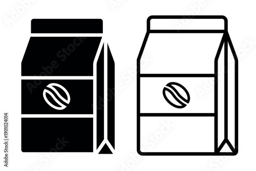 Coffee Bag icon. Black, white silhouette Paper bag full of coffee, isolated on white background. linear illustration, logo for coffee shop, hand drawn artwork