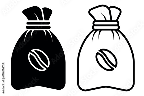 Coffee Bag icon. Black, white silhouette Paper bag full of coffee, isolated on white background. linear illustration, logo for coffee shop, hand drawn artwork