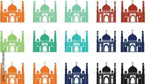 Taj Mahal Silhouette Vector Set with Colorful Indian Landmark Architecture Icons for Travel, Tourism, Culture, and Heritage Illustration Design