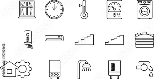 Home appliances and plumbing systems icons set featuring air conditioning water heater and washing machine equipment