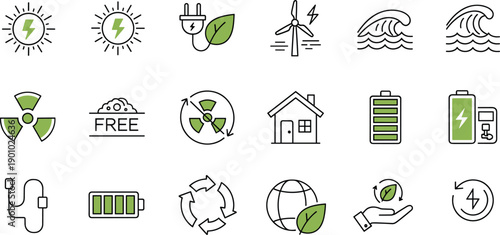Set of vector line icons depicting nature, renewable energy sources, and eco-friendly solutions for planet