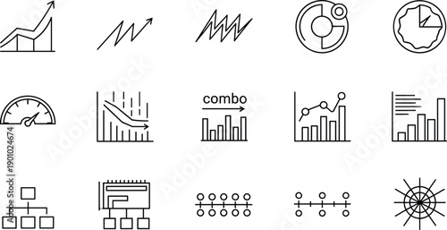 Set of vector line icons for business, finance, and chart analysis illustrating various data visualization