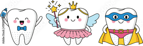 Cute tooth character vector set featuring a happy tooth with bowtie a tooth fairy princess and a dental superhero for pediatric dentistry children oral health and hygiene education.