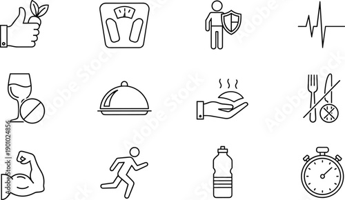 Set of vector line icons for health, fitness, and wellness activities depicting active lifestyle elements