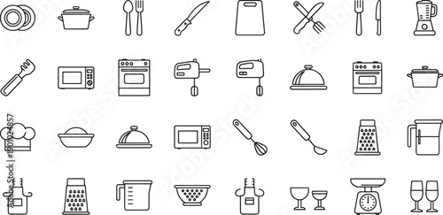 Set of vector line icons for kitchenware, cooking utensils, and food preparation appliances and equipment