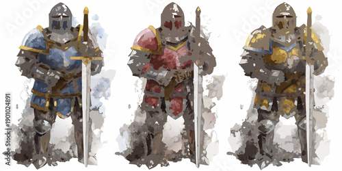 Three medieval knights stand guard each with a sword and helmet
