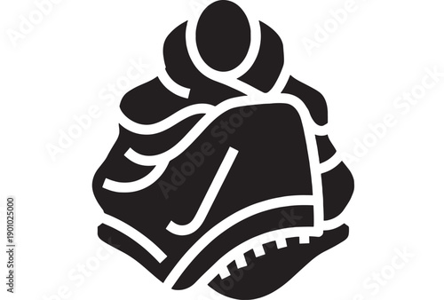 Backpack hiking icon with shoulder straps and front pocket, bold black silhouette isolated on white background, minimal flat pictogram for travel, camping, school, app UI