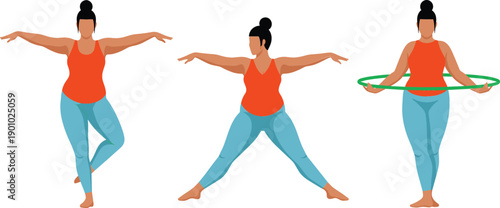 Set of curvy plus size woman exercising doing yoga poses and hula hoop workout for body positivity wellness and healthy active lifestyle