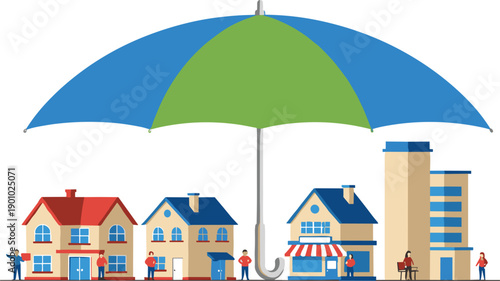 Umbrella protecting houses and buildings illustration symbolizing insurance coverage, property protection, community safety, and financial security concept