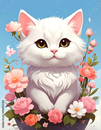 Fluffy white kitten with big eyes surrounded by pink and orange flowers against a light blue sky