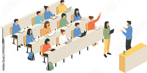 University Classroom Illustration with Students Attending Lecture, Teacher Explaining Lesson, and Group Learning in Modern Isometric Education Design