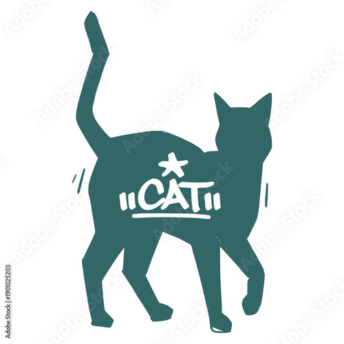 Minimalist teal cat silhouette logo with "CAT" typography. Hand drawn feline icon for pet care services, veterinary branding, and modern animal lover apparel.