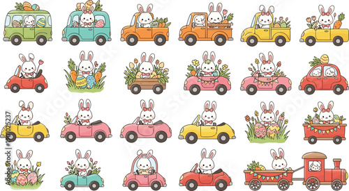 Cute Bunny Driving Car Vector Set with Funny Rabbit Characters in Vehicles Carrying Flowers, Gifts, and Decorative Items in Cartoon Illustration Style