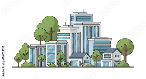 Modern Cityscape with Green Trees and Buildings, Urban Landscape Illustration