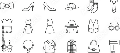 Fashion apparel and accessories line icon set including clothing items shoes hats jewelry and stylish handbag design