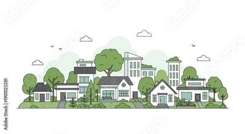 Suburban neighborhood with modern houses, trees, and green spaces. Flat illustration.