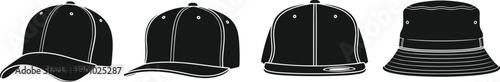 Baseball cap and bucket hat silhouettes, casual headwear collection, black vector fashion accessories set isolated on white background
