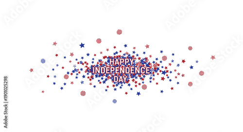 Happy Independence Day banner with red, white, and blue confetti and stars, vector illustration for website, social media, or marketing material