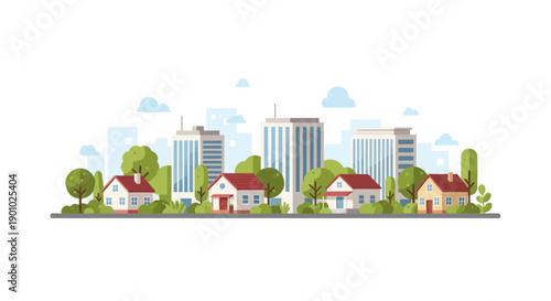 Modern Cityscape with Houses, Trees, and Skyscrapers - Flat Illustration
