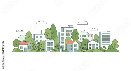 Modern Cityscape with Green Trees and Buildings, Flat Design Illustration