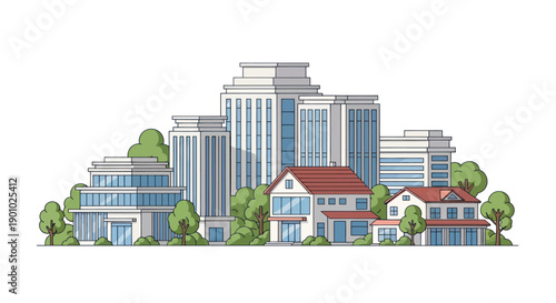 Wallpaper Mural Modern city skyline with diverse architecture: offices, residential homes, and trees. Torontodigital.ca