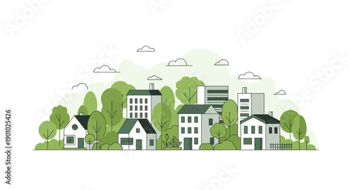 Modern Eco-Friendly Cityscape with Green Trees and Buildings