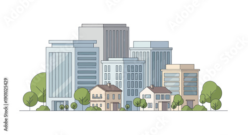 Modern City Buildings and Houses with Green Trees - Urban Landscape Illustration
