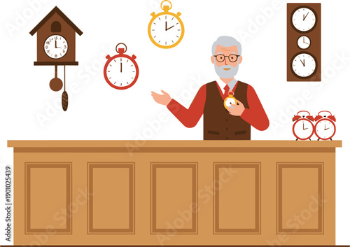 Watchmaker Repair Shop Illustration with Clocks, Watches, and Craftsman Working Behind Counter Flat Cartoon Vector Design