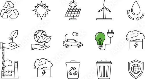 Renewable energy and environmental sustainability line icon set featuring wind turbine solar car and green factory