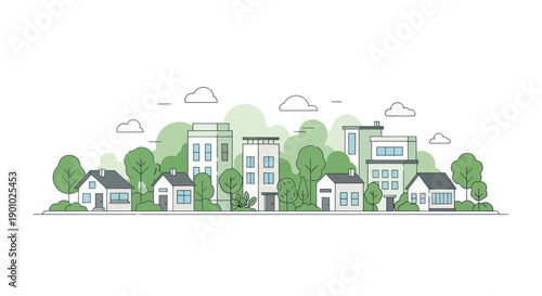 Modern suburban cityscape with minimalist houses and green trees, flat design vector illustration