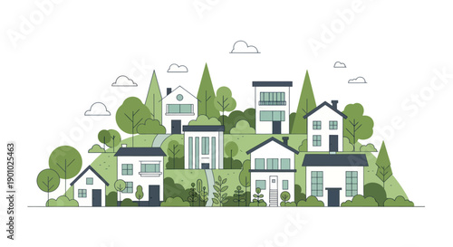 Charming suburban neighborhood with diverse houses and lush greenery, flat design illustration.