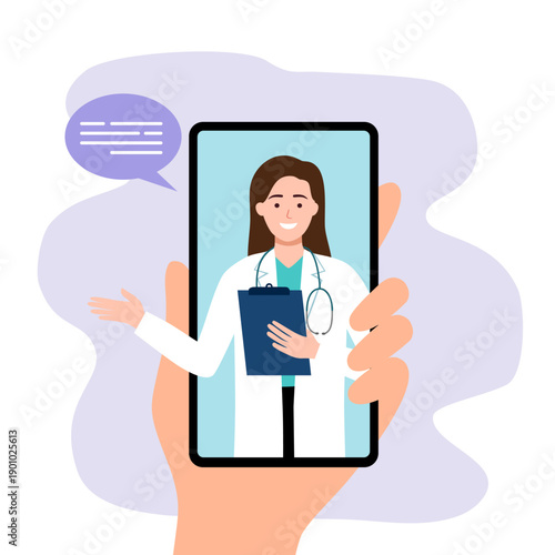 Doctor online on smartphone app with female doctor. Online medical clinic, online medical consultation, tele medicine. Online healthcare and medical consultation