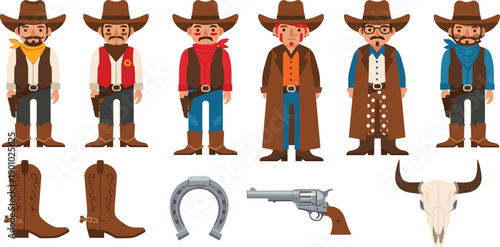 PrintWild West Cowboy Character Vector Set with Western Outlaws, Sheriff Style Clothing, and Classic Frontier Accessories