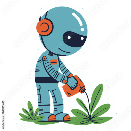 metallic robot | watering small plant | AI meets nature theme | sticker illustration | bold outline | pastel and metallic gradient | kawaii futuristic design | eco-friendly vibes | playful tech-meets