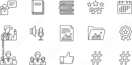 Set of vector outline icons. such as business people, book, stack of books, stars, calendar, mic